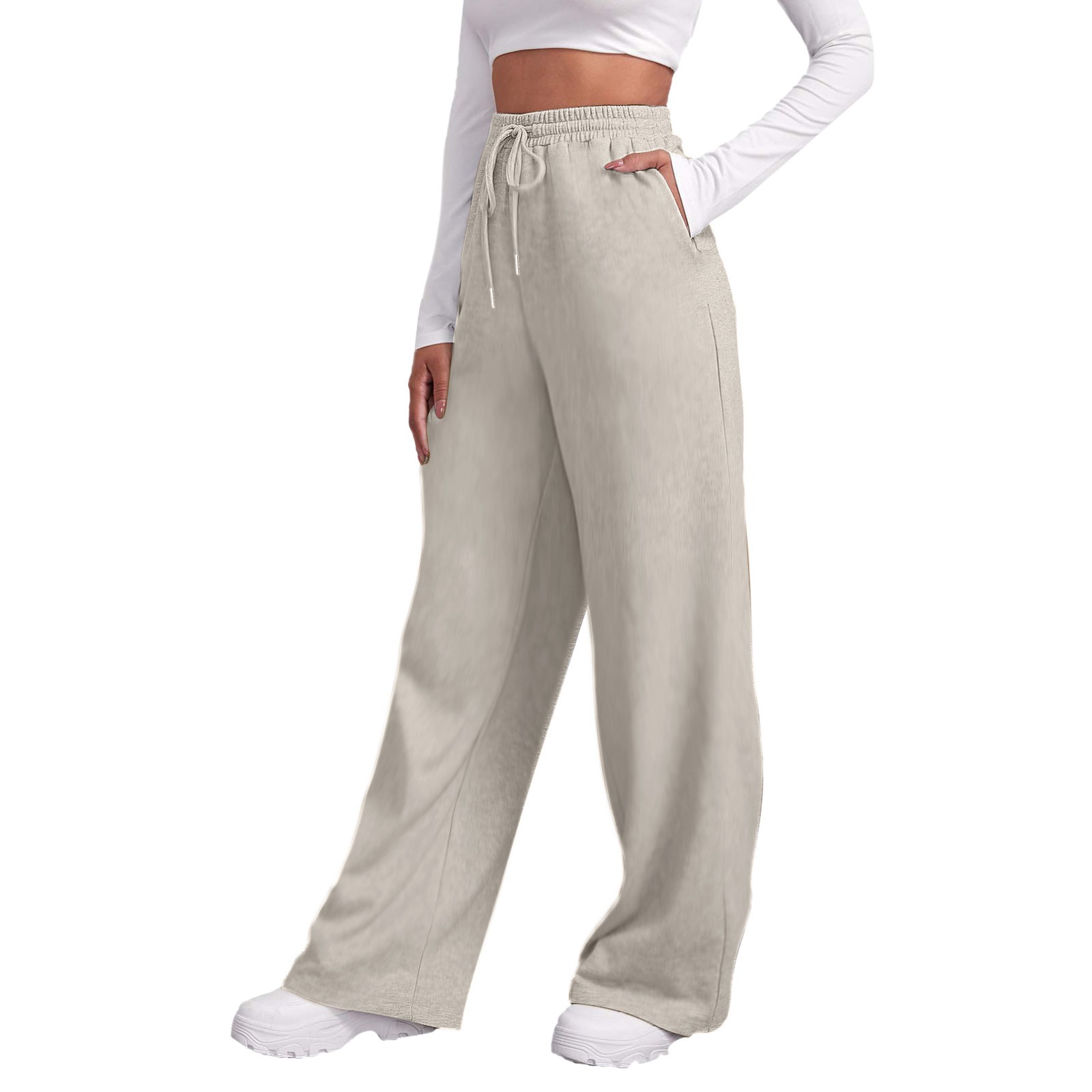 thumbnail image 2 of Pantalones de chándal de cintura alta para mujer - Forro polar, pierna ancha y recta - Poliéster ligero con bolsillos - Informal/deportivo/vacaciones - Tallas S-XXXL, 2 of 7